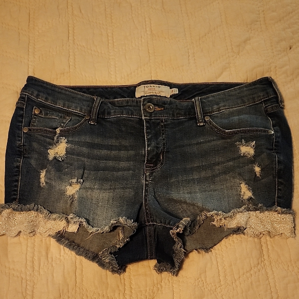 Torrid Blue Distressed Jean Shorts with Lace Trim